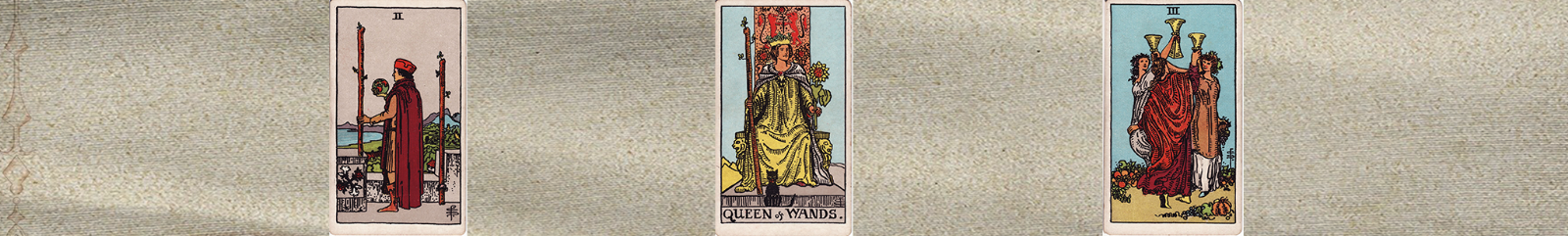 (two of wands, queen of wands, three of cups)