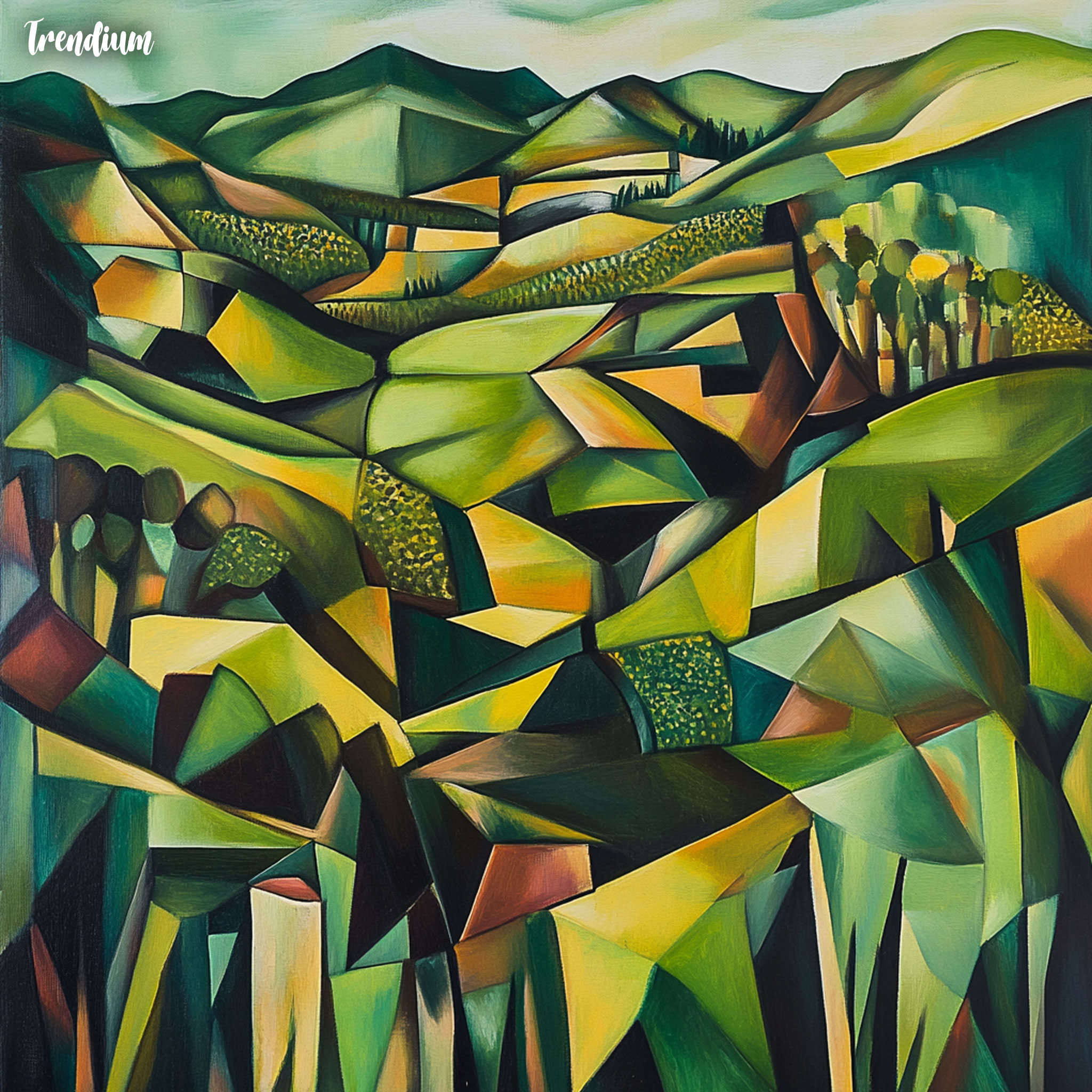 [prompt] Create a cubism-style painting of a vibrant green landscape, featuring fragmented geometric shapes and angular forms. The scene includes rolling hills, abstracted trees, and a dynamic sky with shards of color blending seamlessly into the natural setting. The overall palette is rich in shades of green, with touches of earthy browns and soft yellows to enhance depth and dimension. The composition should evoke the essence of nature reimagined through the lens of cubism, with a modern, artistic flair.