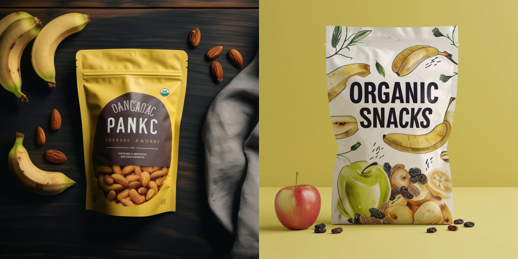 A realistic standup pouch product photo mockup decorated with bananas, raisins and apples with the words 