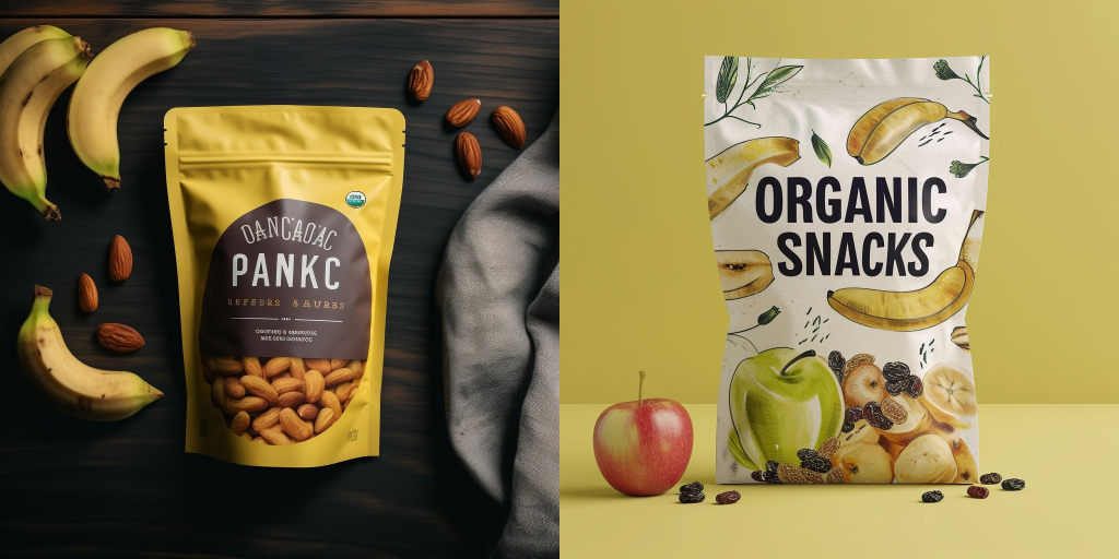 A realistic standup pouch product photo mockup decorated with bananas, raisins and apples with the words