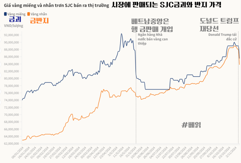 베트남 2024년 1/8~11/6까지의 한 냥(tale, 37.79g)당 SJC 금괴와 금반지 가격(11/7 15시까지 업데이트)