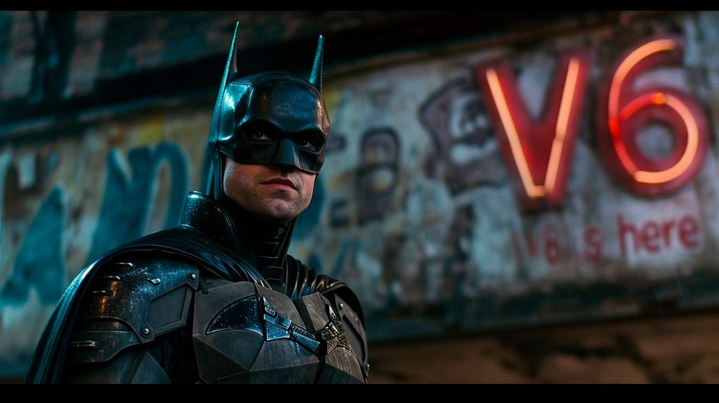 movie shot of Batman in Gotham city with a sign on a building in the background saying 