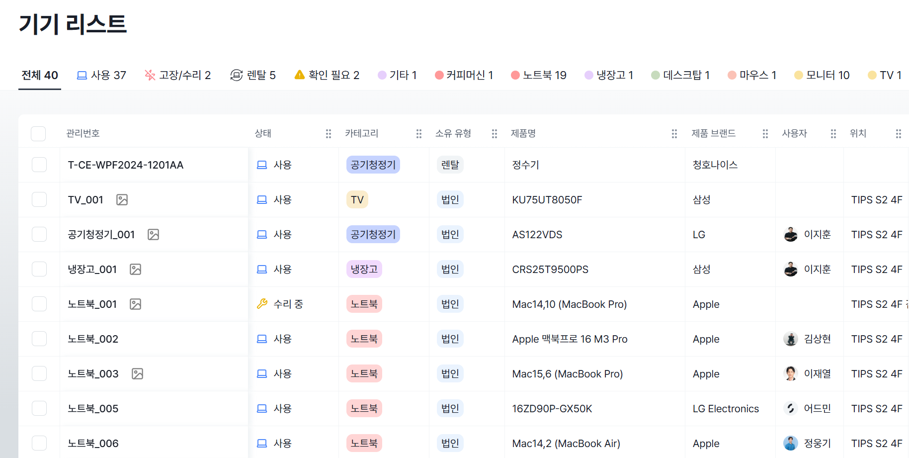 심플리 기기 리스트 (IT 기기 뿐만 아니라 사내 모든 유형 자산을 등록할 수 있습니다.) 