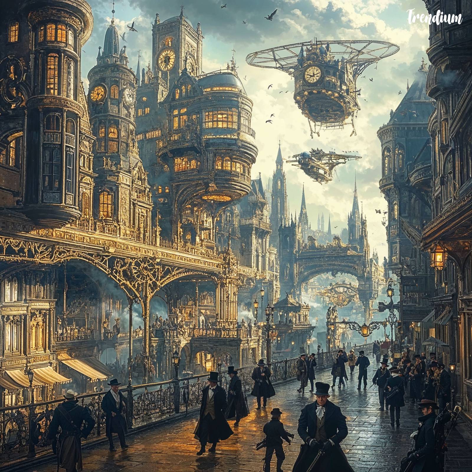 [prompt] A steampunk cityscape with towering clockwork buildings, steam-powered flying machines, and Victorian-era people walking on elevated brass gears, detailed digital art