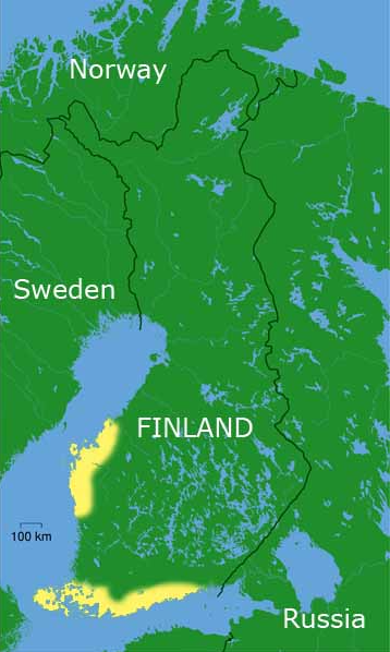 Finlandssvensk 들은 주로 저 노란색 지역에 살고 있다고 해요. (출처: https://sv.wikipedia.org/wiki/Finlandssvenskar)