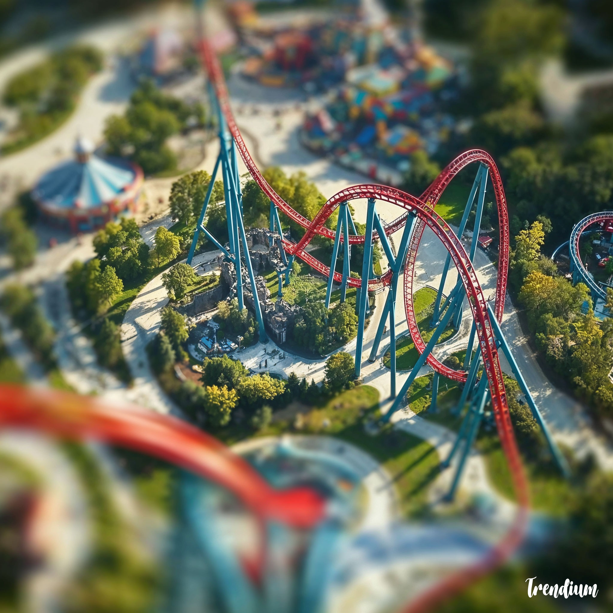 [prompt] Miniature world tilt-shift view of a theme park with roller coasters