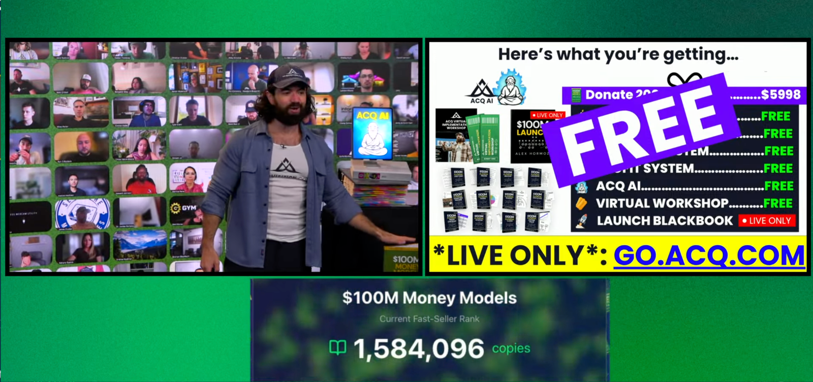 7시간 라이브 방송 중 알렉스 호모지는 책 내용보다 압도적으로 긴 시간 동안 다양한 무료 선물을 강조하며 시청자들에게 엄청난 가치를 제공한다는 인식을 심어주었다.