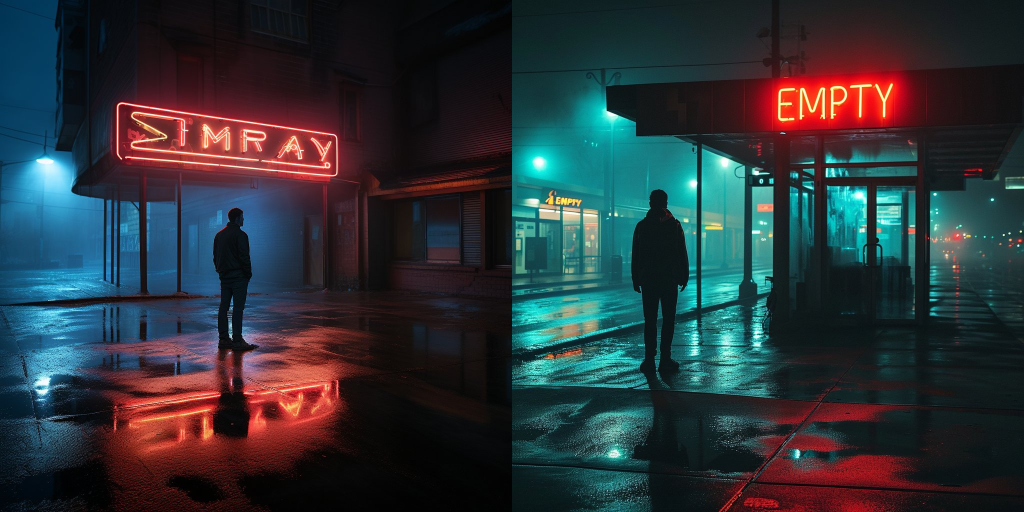 A man standing alone in a dark empty area, staring at a neon sign that says