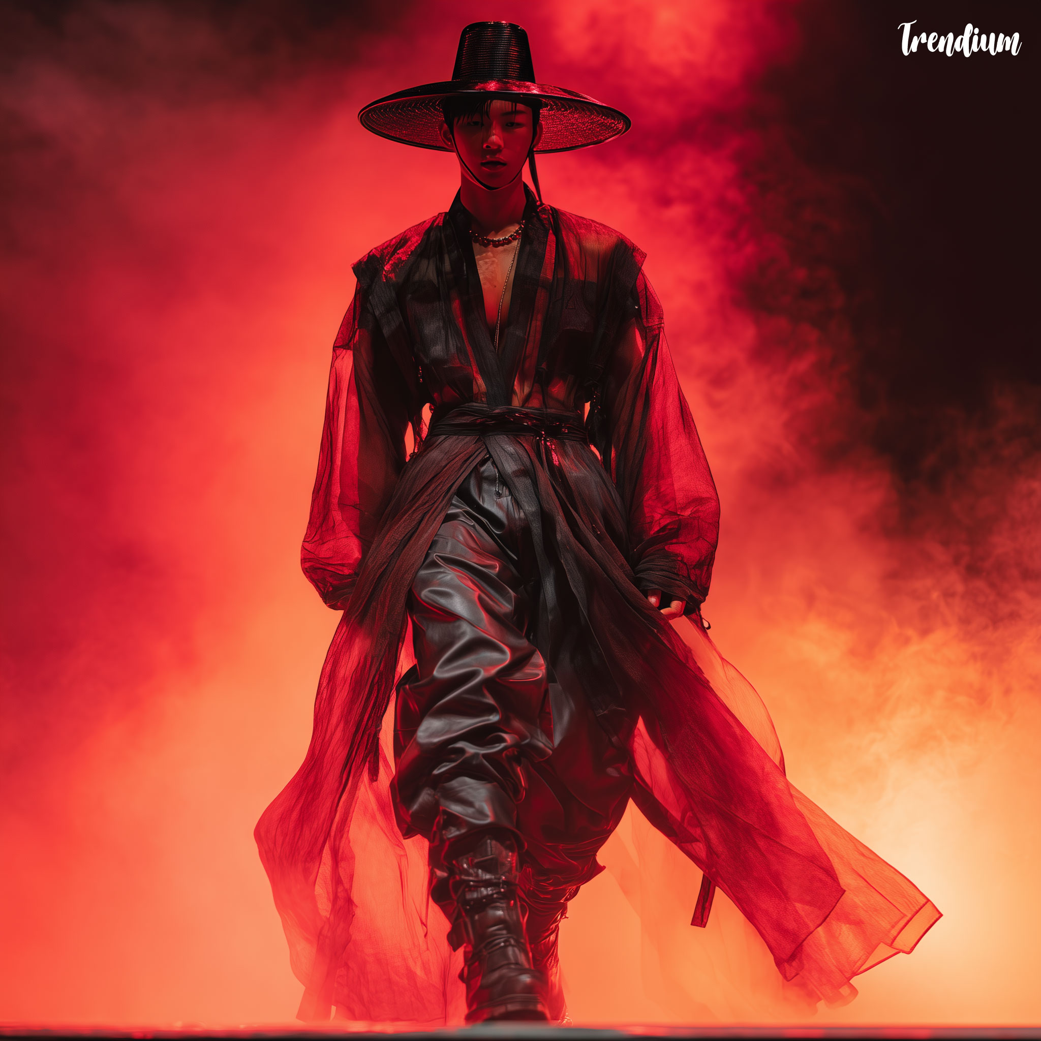 [prompt] Idol wearing translucent black gat hat with LED rim glowing red, paired with asymmetrical modern hanbok jacket, leather pants, and boots, moody stage background, powerful performance, Vogue Homme pictorial, Nikon Z9, 35mm lens, cinematic concert lighting --style raw --v 7