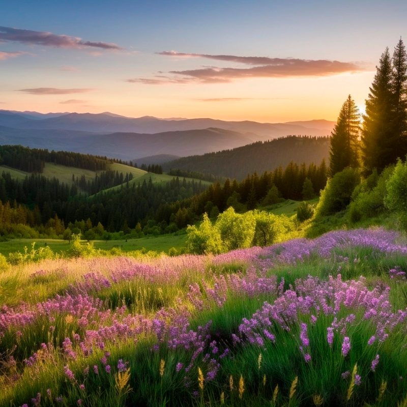 forested Hills with lavender flowers lush grass and mountains in the distance at sunrise