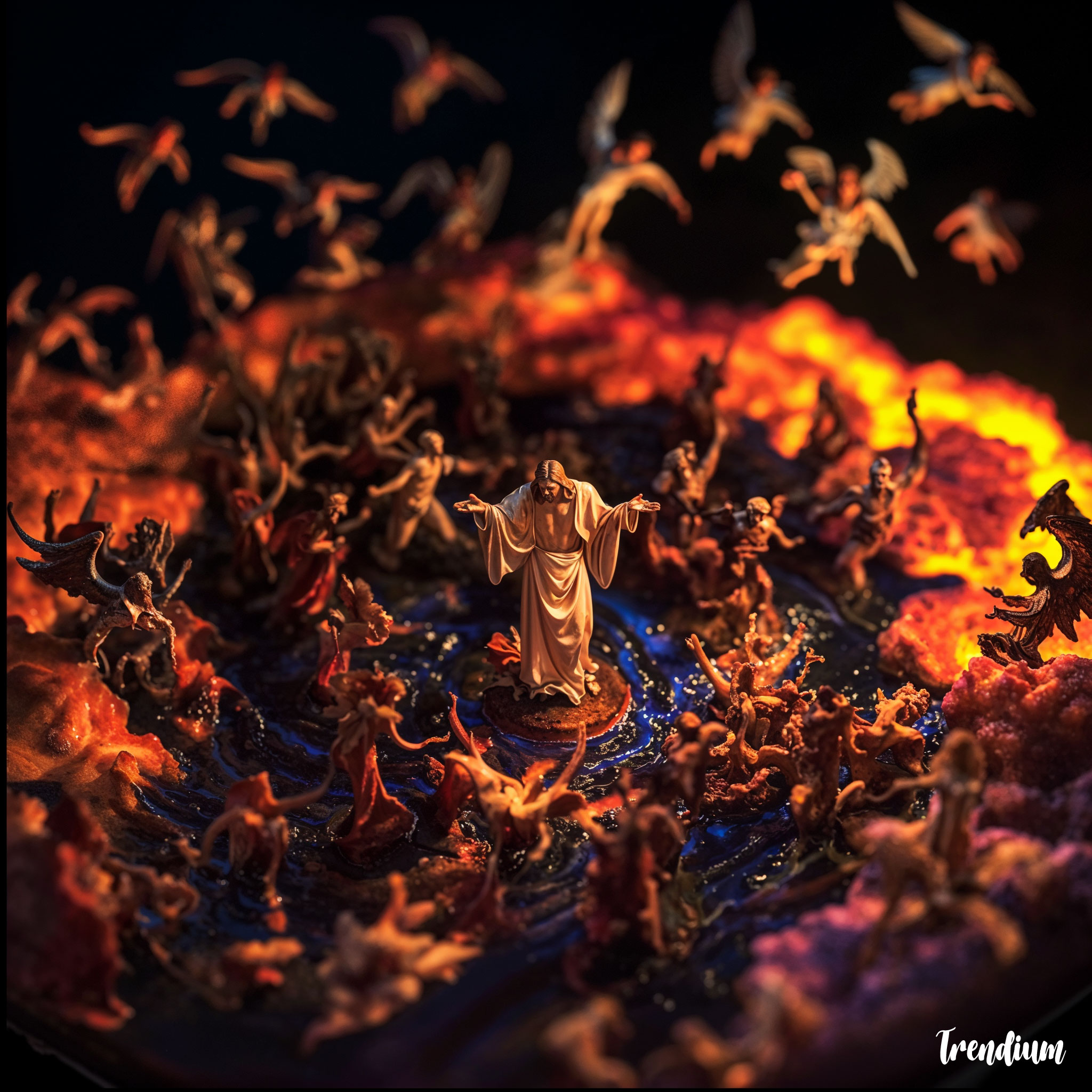 [prompt] Hyper-realistic depiction of Michelangelo's 'The Last Judgment' as a modern, immersive landscape, tilt-shift photography effect, miniature-style diorama, vibrant colors, dramatic lighting, central figure of Jesus surrounded by angels and demons, ascending souls to heaven, descending souls to hell, fiery underworld on the right and serene heavenly clouds on the left, intricate details, 8k resolution