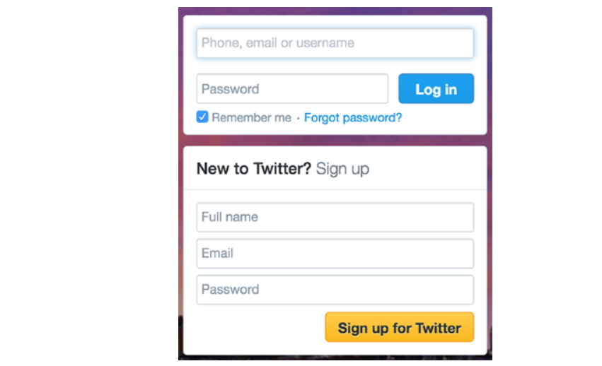 좋음: 트위터의 로그인 및 회원가입 양식