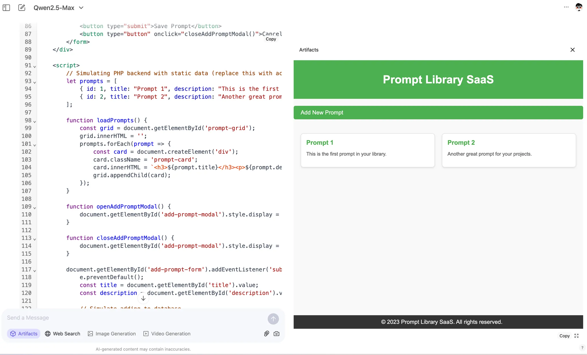 알리바바 Qwen 2.5 Max의 아티팩트 기능. 출처 : Qwen