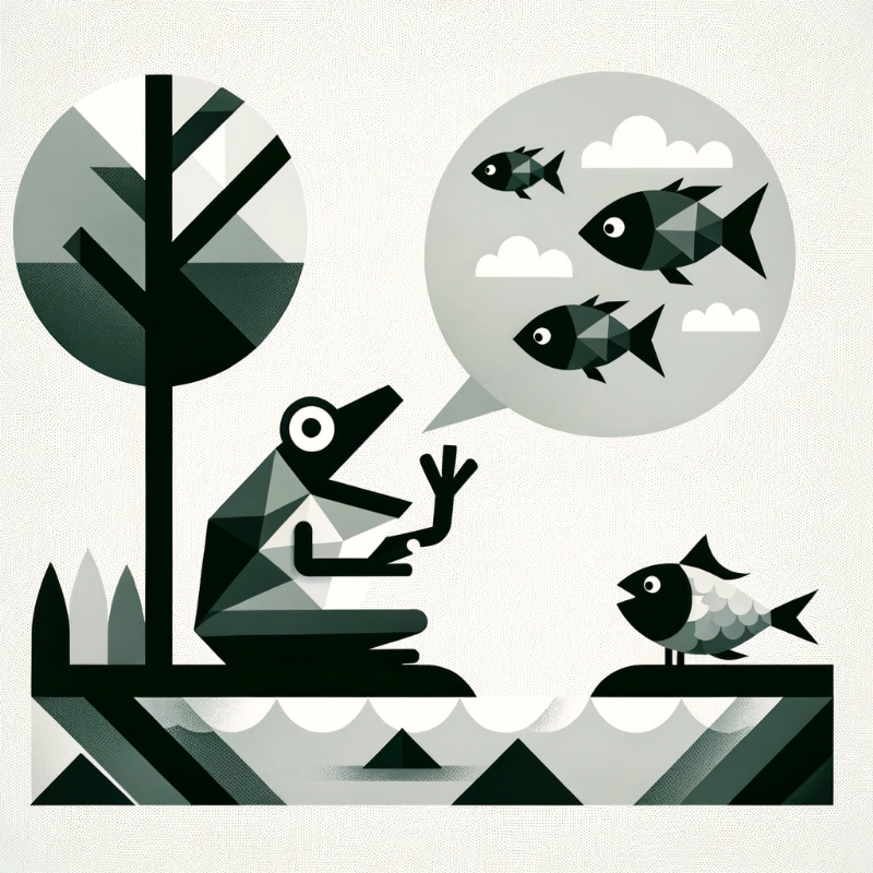 Minimalist illustration of Frog narrating tales to Fish beside a pond. Geometric shapes depict Frog excitedly talking about birds, while Fish imagines birds with fish bodies flying in the sky. Monochromatic color palette with emphasis on negative space.