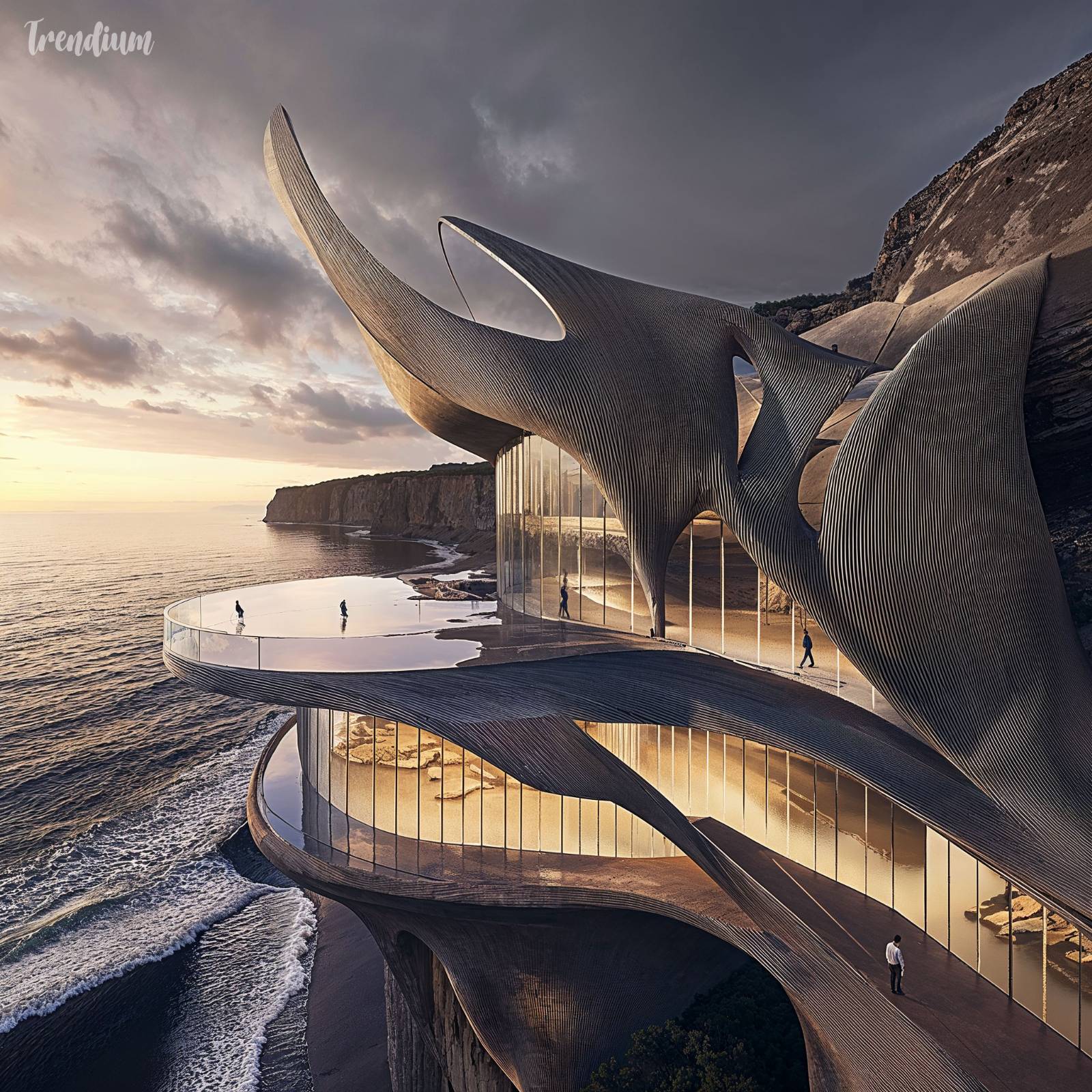 [prompt] A coastal parametric museum with fluid shapes resembling ocean waves, built with sustainable materials like bamboo and glass, overlooking the ocean with dramatic cliffs in the background, detailed and cinematic lighting, ultra-realistic rendering