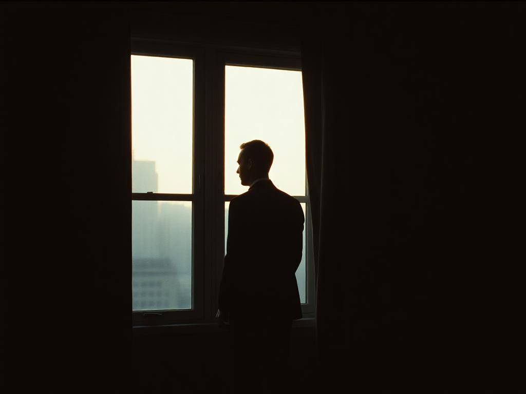 [prompt] Dark room at night, man in black suit looking out the window at the light, faint silhouette, reflective and somber mood. 35mm photo