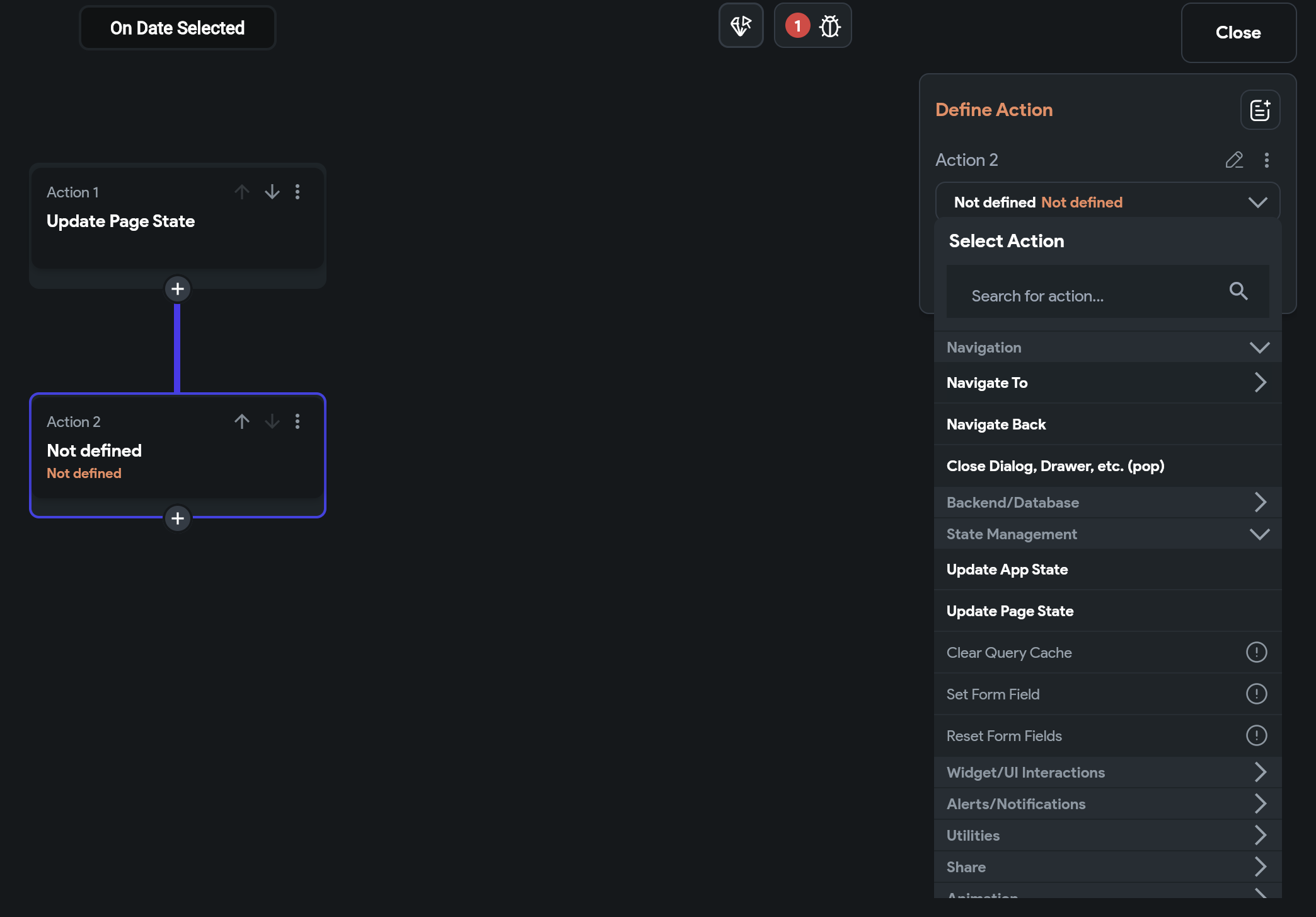 Action은 오른쪽에 보이는 카테고리가 전부입니다. 100개 정도 될까요?