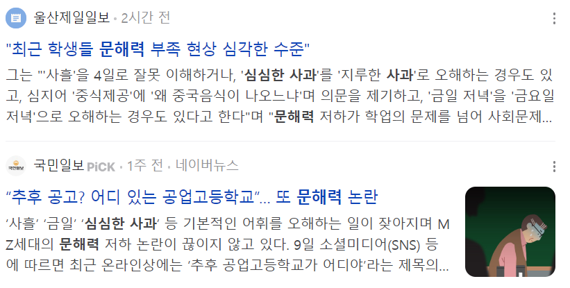 문해력 논란에 대한 네이버 기사