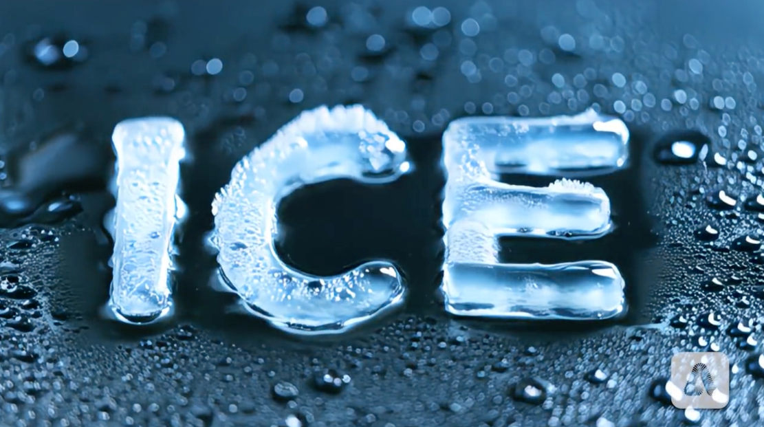 Prompt: Macro detailed shot of water splashing and freezing to spell the word 