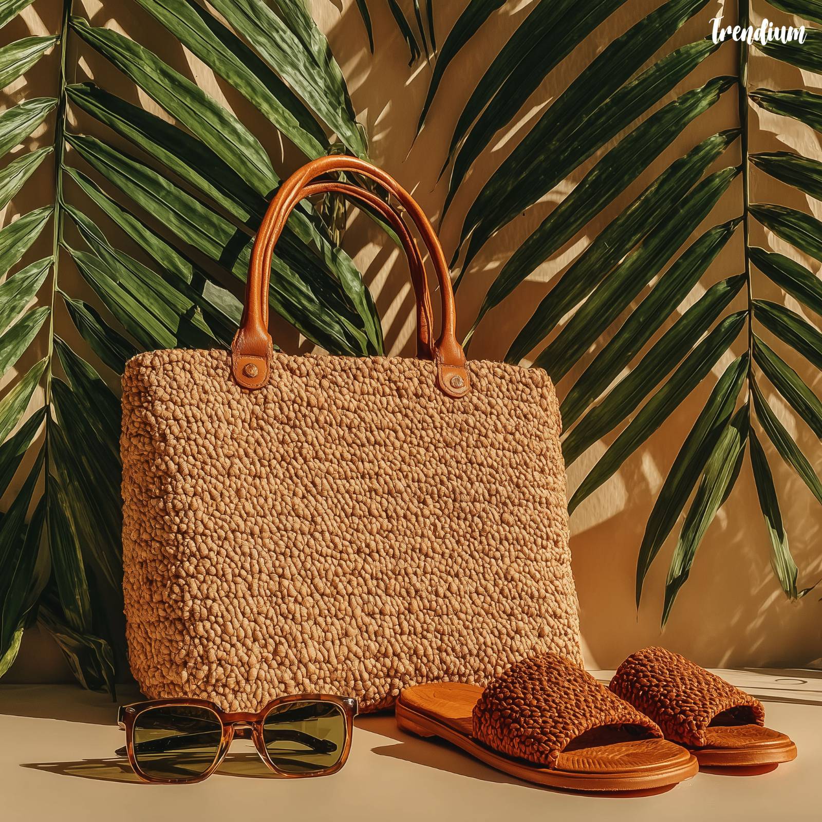 [prompt] still life of cabana-style summer accessories, rattan handbag, oversized sunglasses, woven beach sandals, tropical leaves in background, minimalist beige backdrop, soft natural lighting, fashion product photography --v 7 --stylize 350
