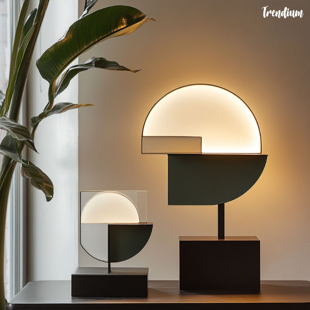 [prompt] Design a modern Table Lamp fixture inspired by Bauhaus principles, featuring clean geometric shapes, functional form, and minimalistic design. The fixture should combine simple materials like metal and glass, with a focus on the interplay of light and shadow. Emphasize a balance between form and function, using bold, primary colors or a monochromatic palette to highlight the structure and its purpose. Johannes Itten