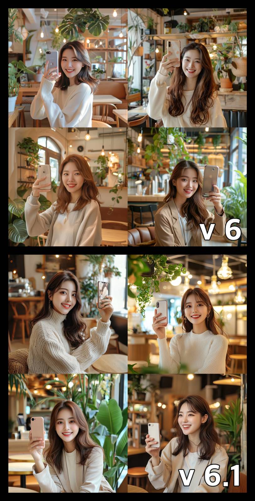 A beautiful Korean woman taking a selfie with her smartphone in a casual setting. She is holding the phone in one hand, smiling warmly with a natural and effortless look. Her hair is styled neatly, and she is wearing a stylish yet comfortable outfit. The background is a cozy cafe with soft lighting, decorated with plants and modern furniture, creating a relaxed and inviting atmosphere. --v 6.0 --ar 1:1 --style raw