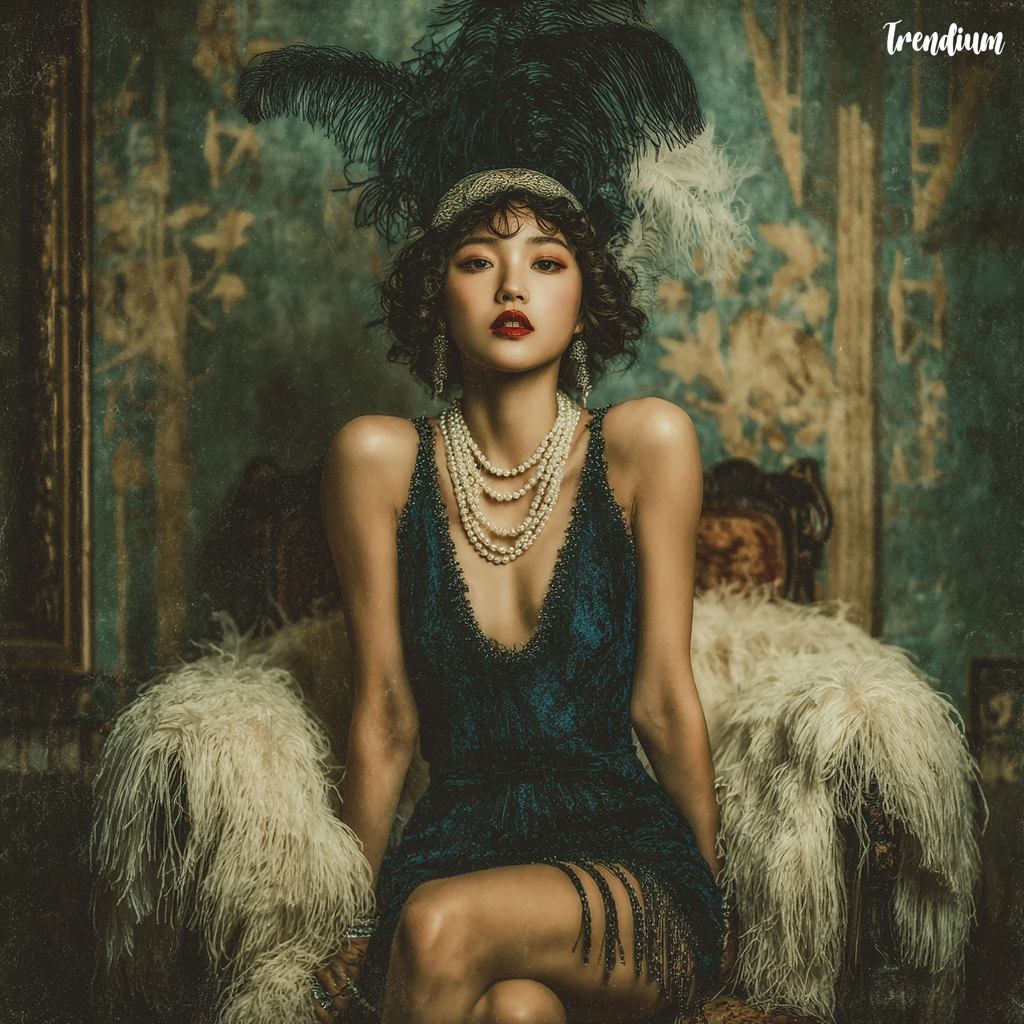 [prompt] 1920s flapper fashion editorial, Korean model wearing fringe dress, pearl necklace, feathered headband, dramatic pose, Art Deco backdrop, cinematic lighting, photographed like a vintage Vogue shoot --v 7 --stylize 400