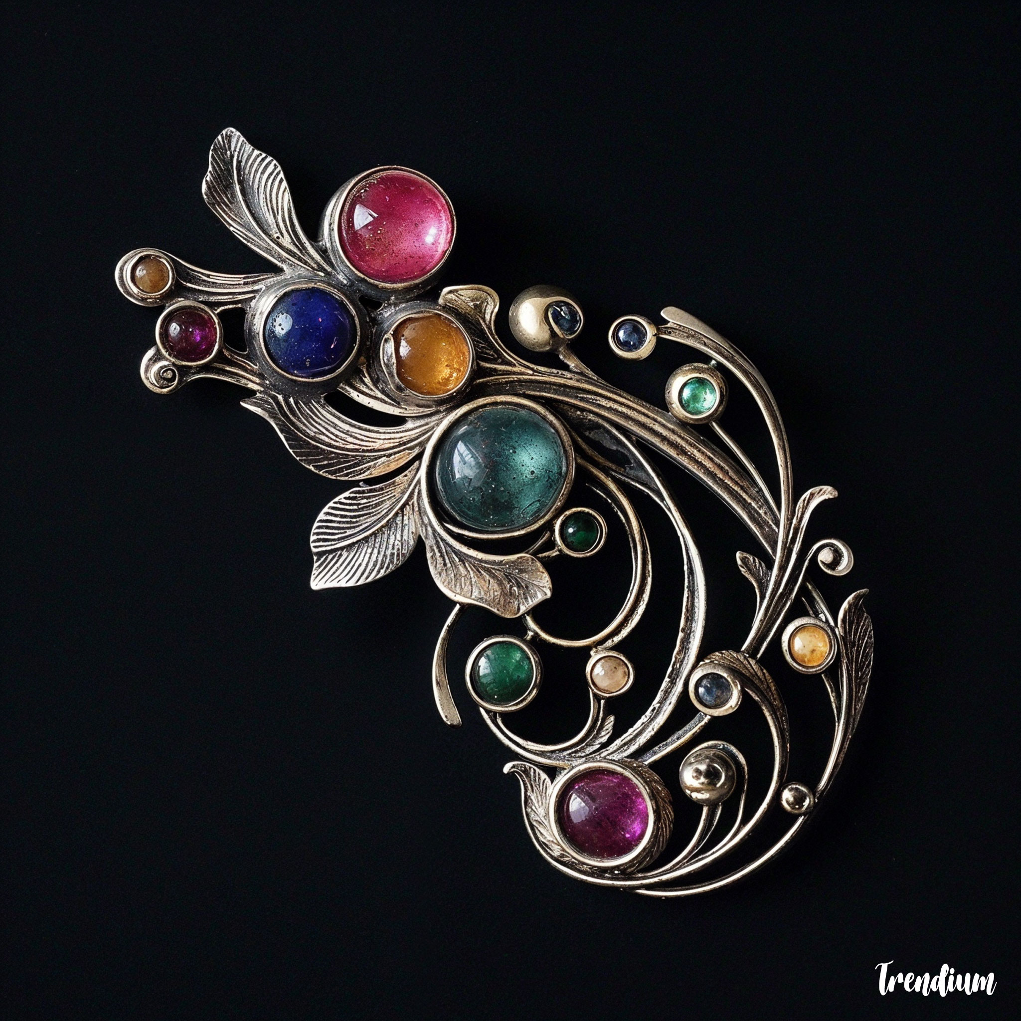 [prompt] A handcrafted silver brooch in the style of Charles Robert Ashbee, featuring flowing wirework, colored cabochon gemstones, and a peacock motif, Arts and Crafts movement