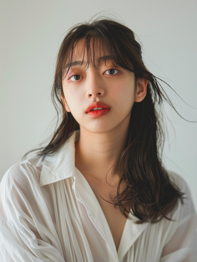 portrait photo of a beautiful happy Korean female, wearing white overesized shirts, with long straight hair and bang, 30 years old, frontal pose, burst shot, looking at the camera, natural make up, studio lighting, --ar 3:4 --v 6.0 --style raw
