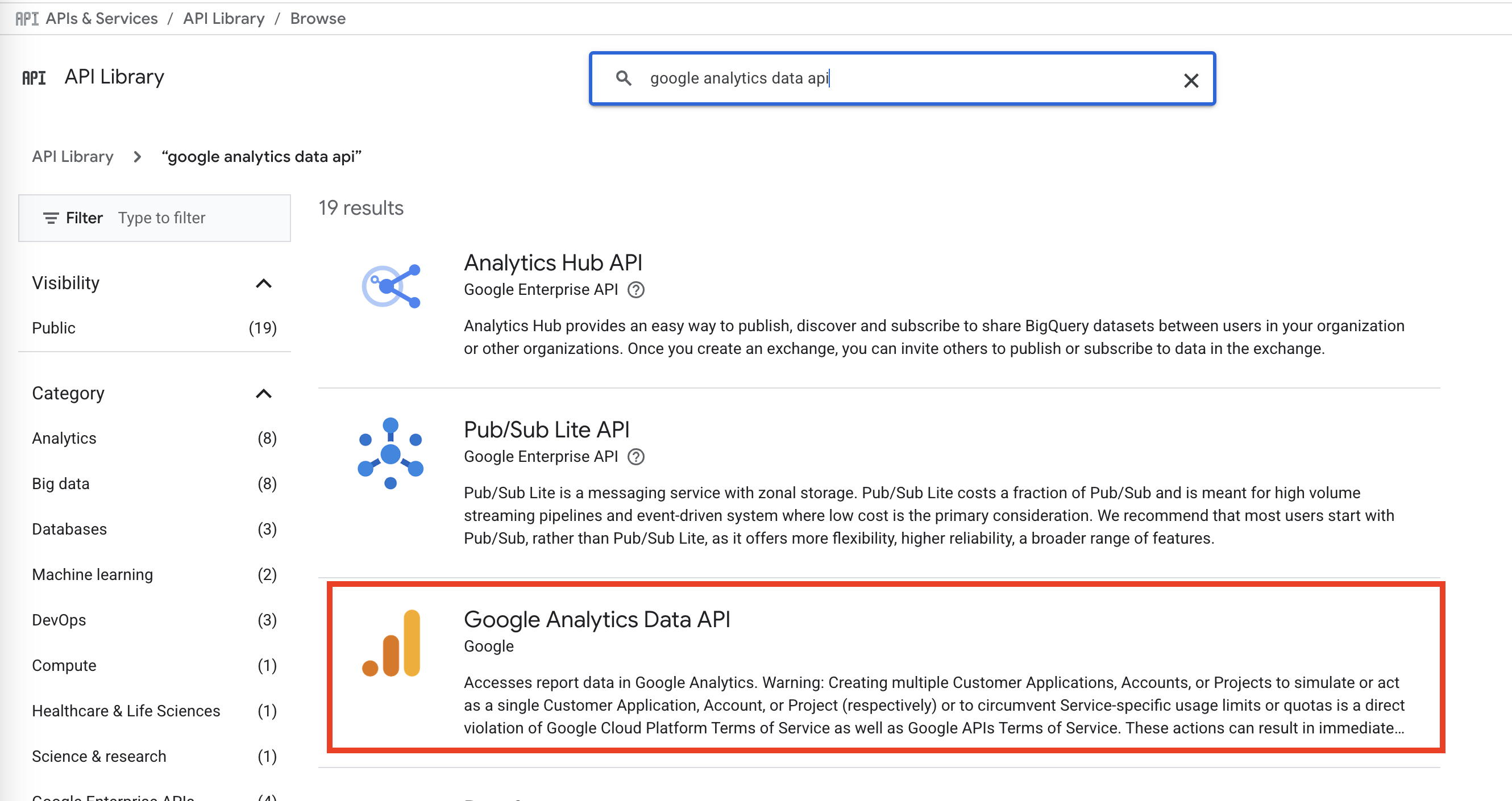 2) 검색창에 Google Analytics Data API를 검색하고 선택, 이 후 Enable 버튼 클릭