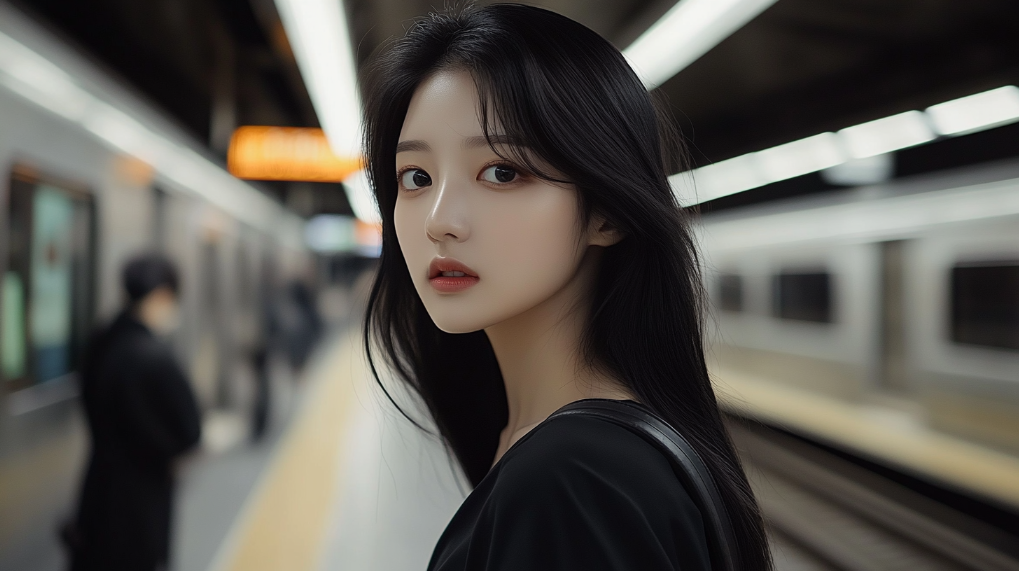 prompt: A 27-year-old breathtaking black-haired South Korean supermodel standing in a subway station, looking at the camera with a neutral expression. She is dressed in casual city attire, with detailed facial features. The background includes subway tracks, signs, and other commuters. --ar 16:9 --style raw --v 6.1 