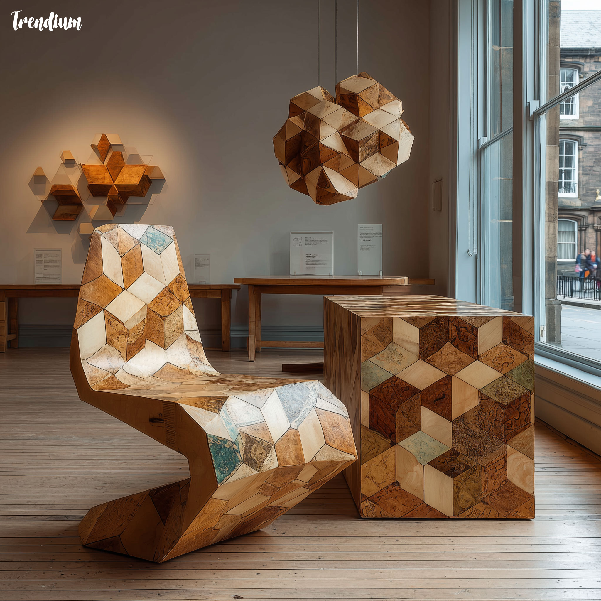 [prompt] Furniture design inspired by Escher, tessellated chair and table, surreal geometry, modern interior style --style raw --stylize 700 --v 7