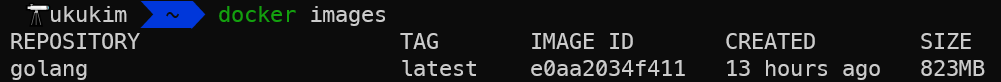 docker images 명령어로 golang의 IMAGE ID를 확인합니다. 여기선 'e0aa2034f411'이네요.