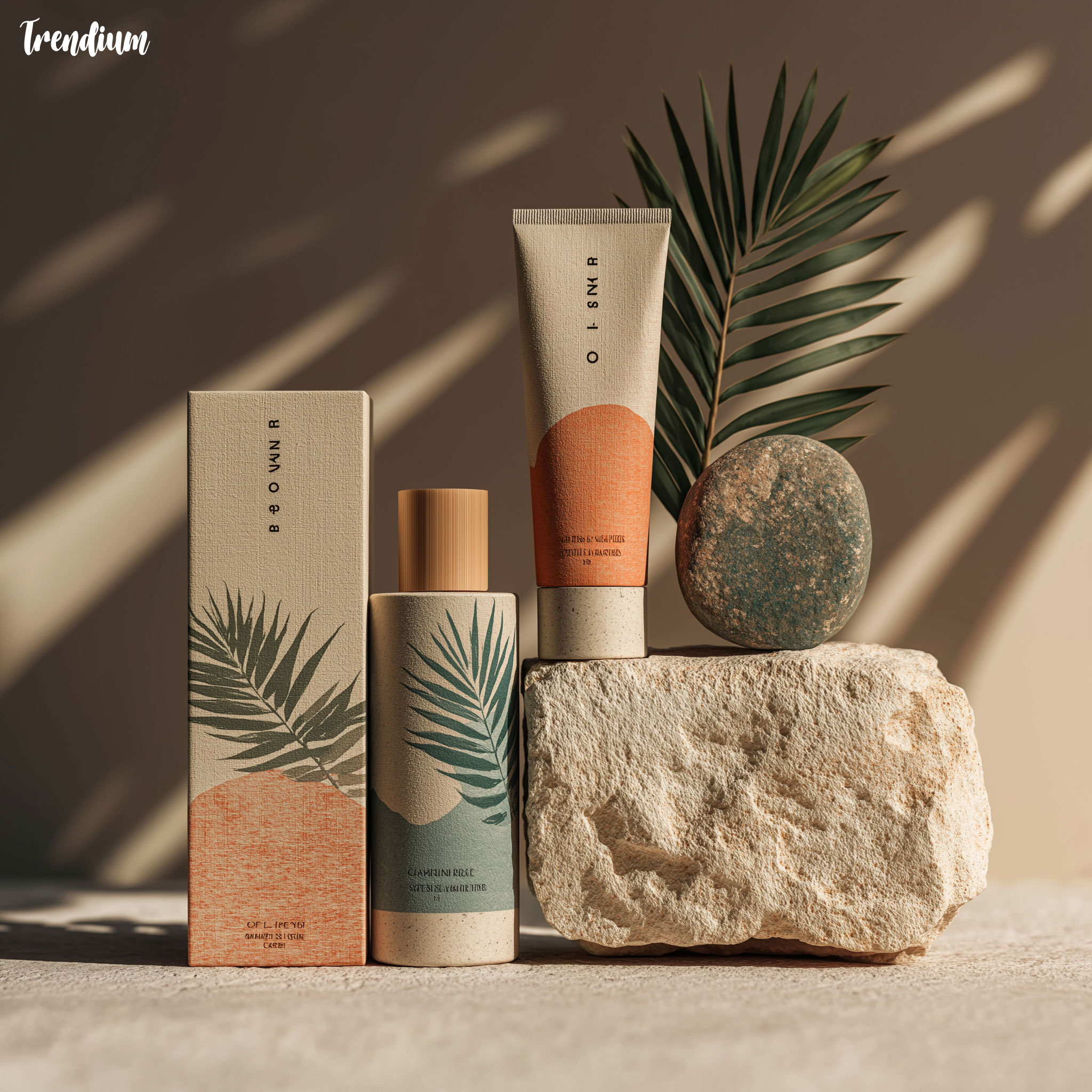 [prompt] cosmetic packaging inspired by tropical modernism and cabana, lotion tubes with rattan textures, pastel coral boxes, palm leaf illustrations, minimalist typography, shot on white stone background with natural sunlight --v 7 --stylize 200