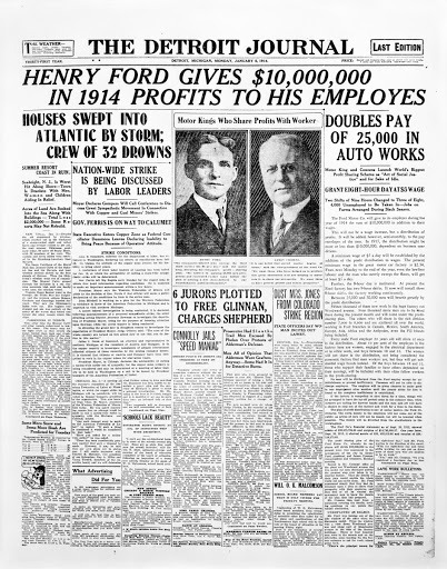 1914년 1월 5일, 업계 평균의 2배가 넘는 급여를 보장하기로 한 포드