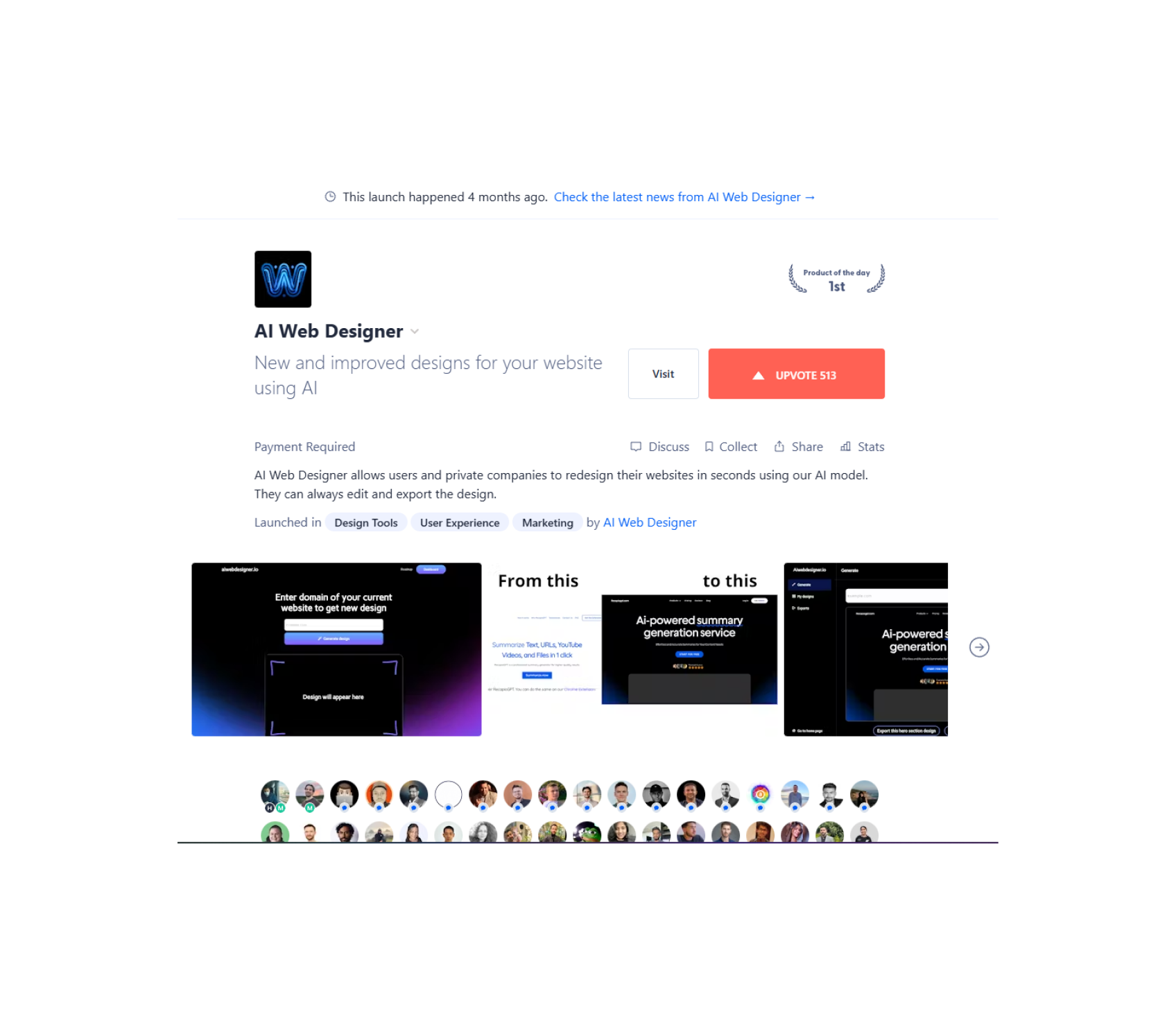  AI Web Designer의 Product Hunt 페이지