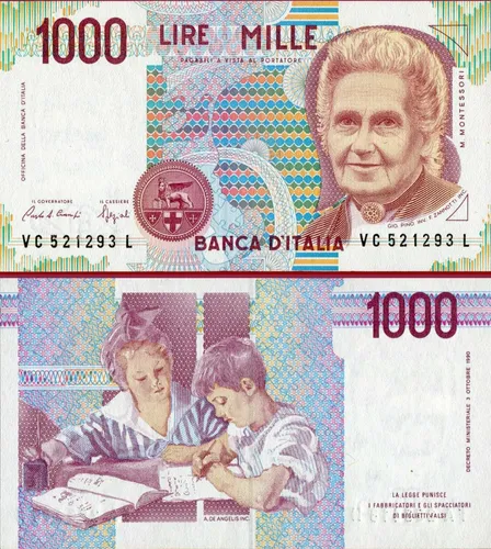  유로화로 통합되기 전 이탈리아 1000리라짜리 지폐에 실린 몬테소리의 초상화