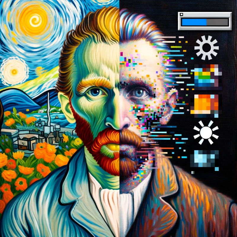 Oil painting parody of van Gogh&#39;s &#39;Self-Portrait&#39;. Half of the artist&#39;s face is in the classic style, with vivid colors and expressive strokes, while the other half is digitally pixelated. The backdrop, once harmonious, now displays digital glitches and symbols like a loading icon and cursor, reflecting the challenges of self-representation in the digital age.