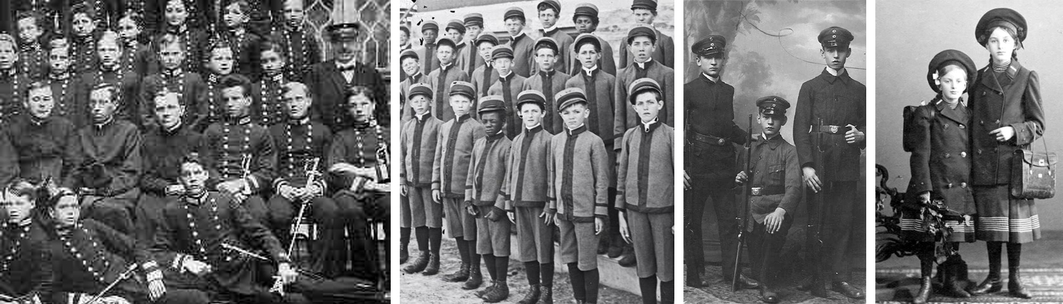   (왼쪽부터) 독일제국의 사관학교 학생들, 1880년대 독일 학생 교복,  1910년대 독일 학생 기수, 1910년대 여학생 교복