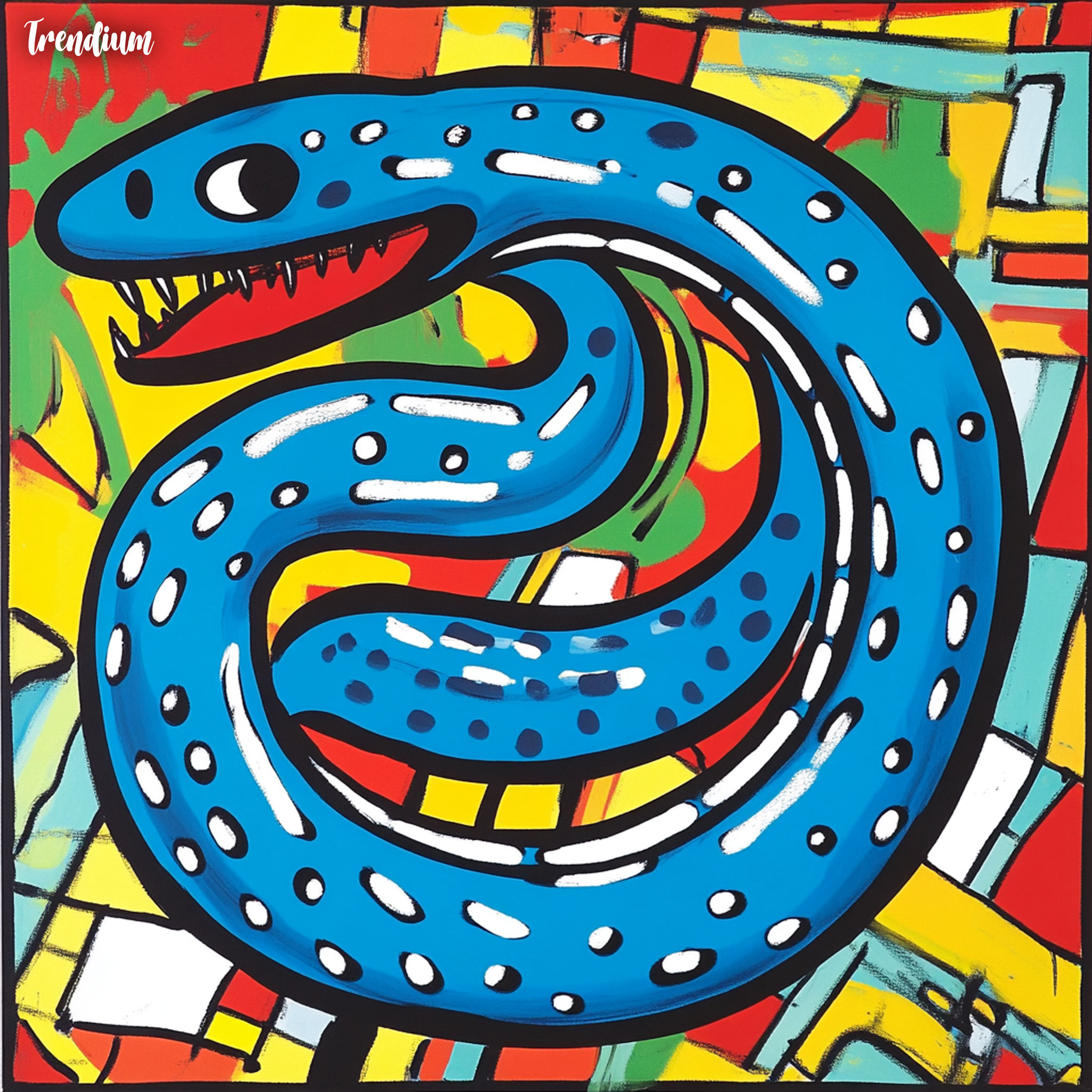 [prompt] blue snake, New year greetings, pop art illustration in the style of Keith Haring