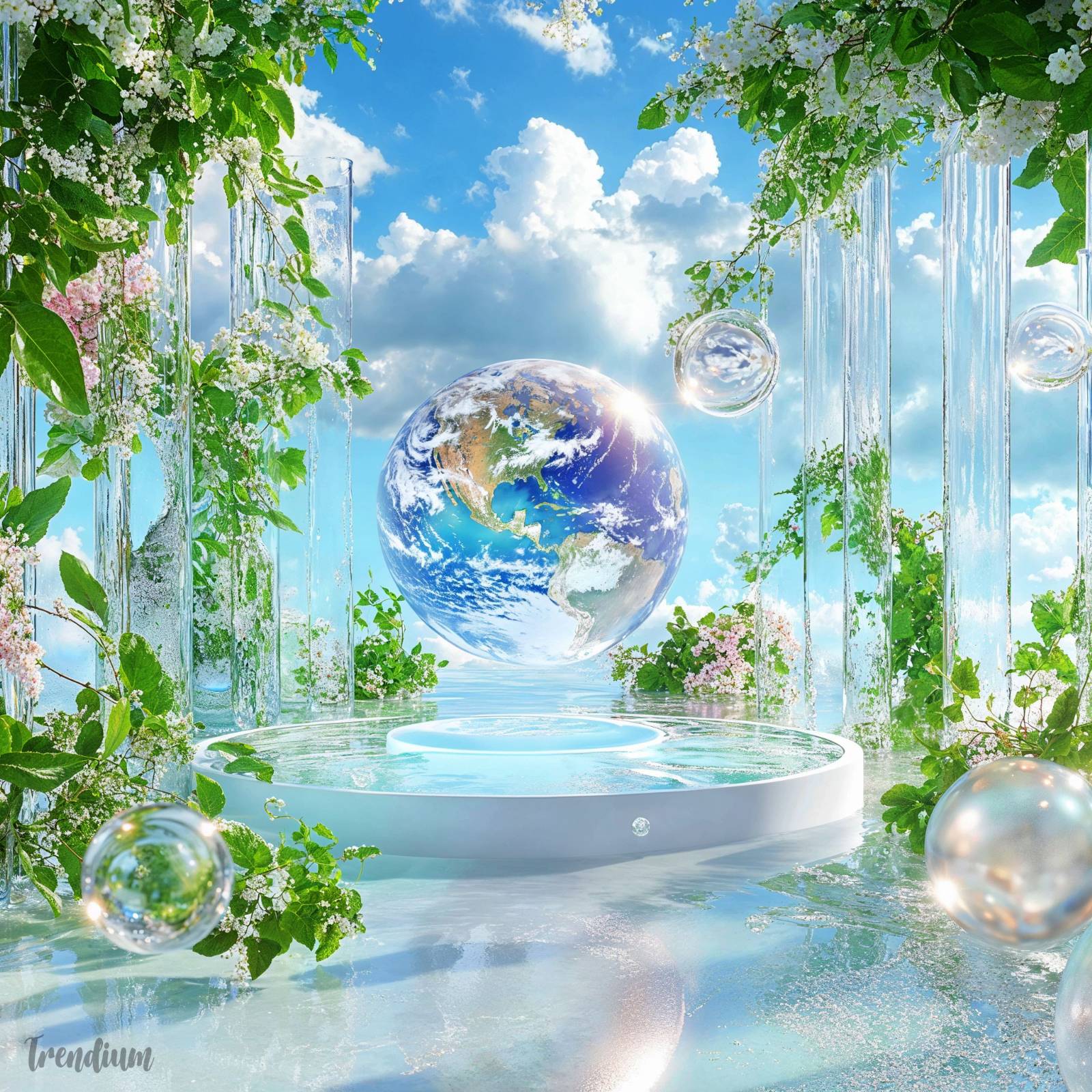 [prompt] Create an interior design in the Frutiger Aero aesthetic, with a glossy Earth globe floating amid crystal-clear water splashes and vibrant, neon-green foliage, set against a bright blue sky filled with soft, fluffy clouds. Include elements of early 2000s technology, such as a reflective touchscreen device and metallic accents, all rendered with high-shine surfaces and smooth, gradient shading. Add floating bubbles and lens flares to enhance the nostalgic, futuristic vibe, evoking the optimistic tech visuals of early 2000s operating systems and software.