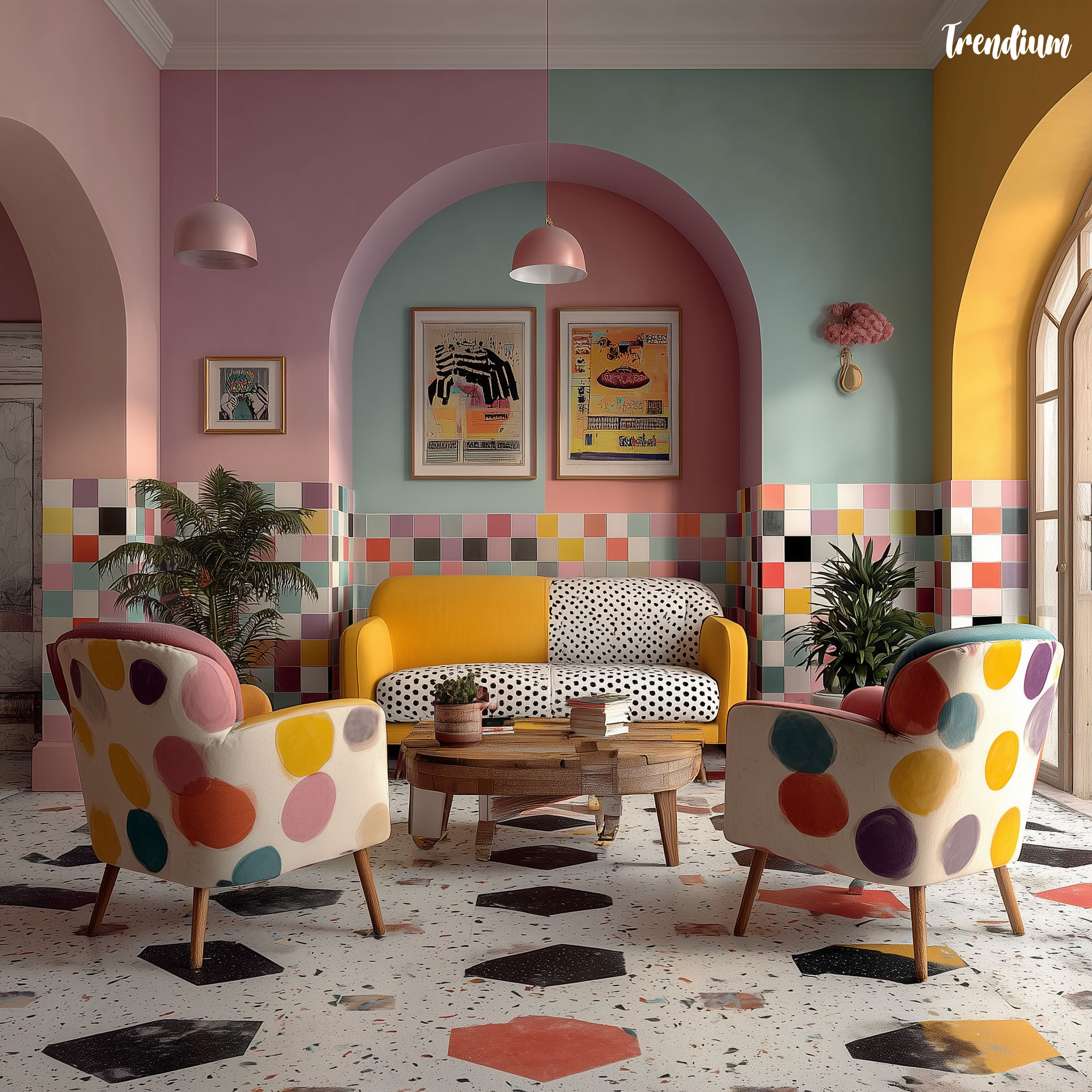 [prompt] a memphis group inspired living room, colorful geometric furniture, zigzag and polka dot patterns, pastel walls with checkerboard tiles, bright neon lighting, toy-like design, terrazzo coffee table --v 7 --stylize 400