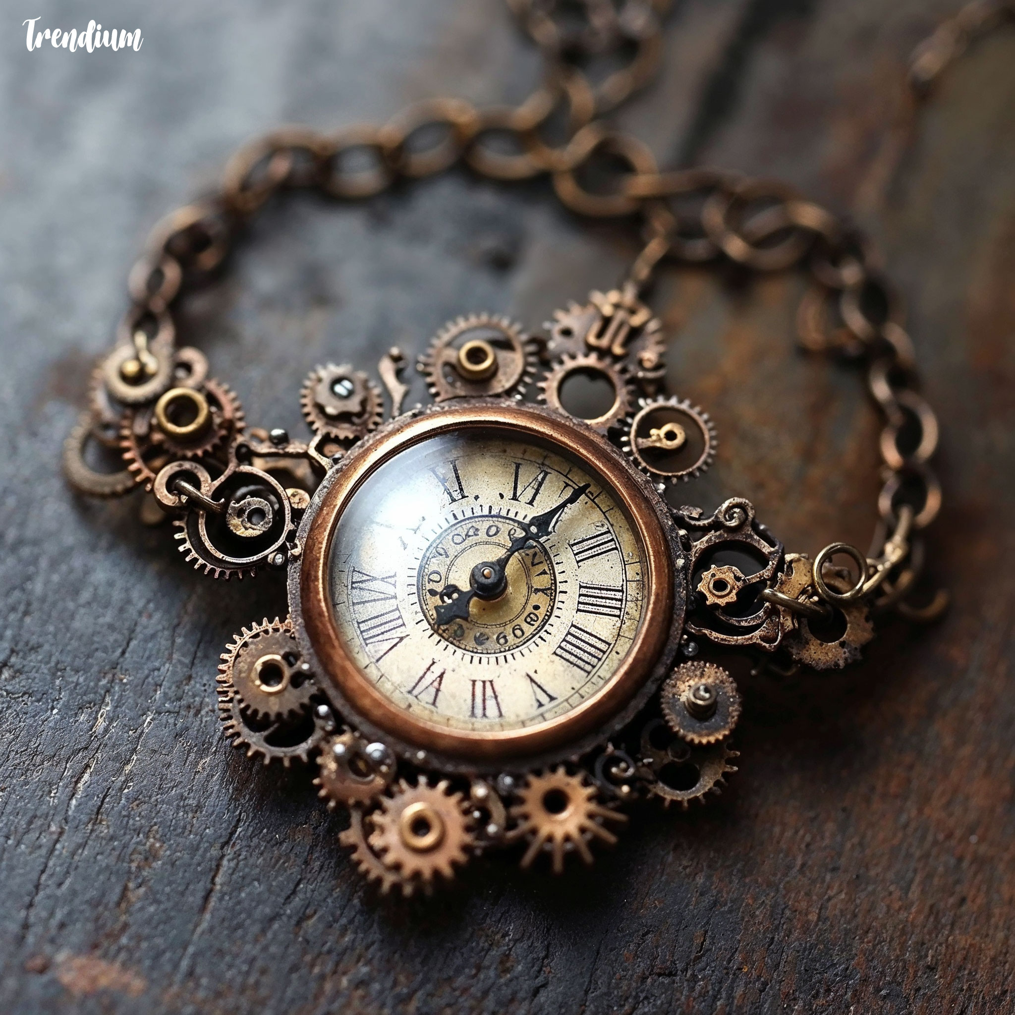 [prompt] Design an intricate steampunk-inspired piece of jewelry, such as a statement necklace or a bracelet, combining vintage aesthetics with mechanical elements. The jewelry is crafted from aged brass and copper, adorned with small, functional gears, cogs, and intricate clockwork mechanisms. The centerpiece features a detailed, vintage clock face with exposed, moving gears. Delicate chains, twisted metal, and tiny screws add texture, while small gemstones in muted, earthy tones like amber and smoky quartz are embedded throughout the design. The overall piece has a worn, antique finish, blending Victorian elegance with industrial innovation. The style is bold yet intricate, perfect for someone with a love for mechanical artistry and unique, handcrafted accessories.