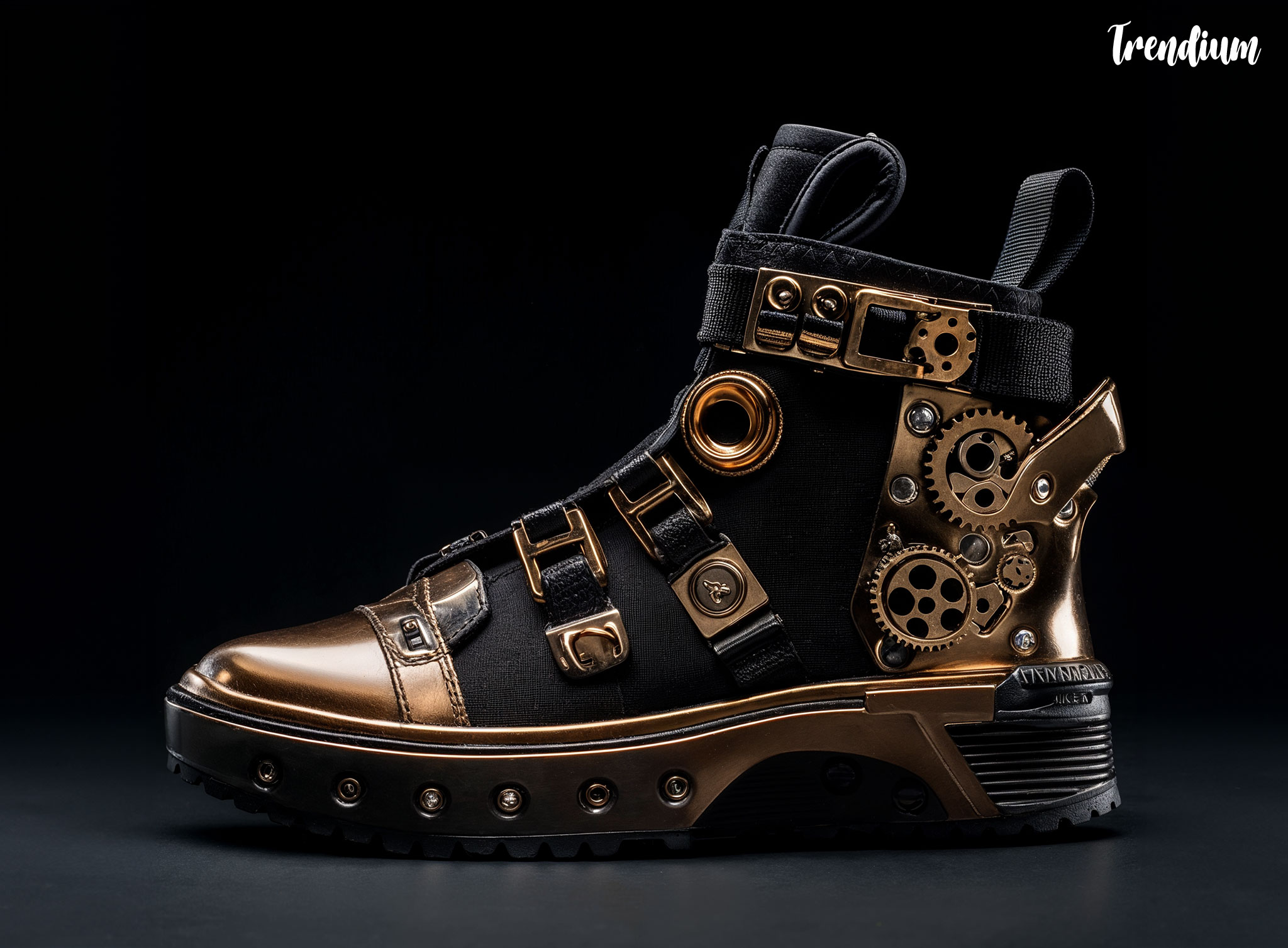 [prompt] Design a high-quality product shot of a steampunk-inspired high-top sneaker with a futuristic twist, set against a dark, monochromatic backdrop. The shoe features a sleek, metallic exterior crafted from polished brass and matte black leather, with intricate gears and cogs embedded into the sides. The laces are replaced by brass buckles and black leather straps, adding an industrial, mechanical vibe. The chunky soles have gear-like treads with metallic piping running along the edges. The back of the shoe includes a small steam-powered exhaust detail, and the ankle is decorated with copper wires and exposed rivets. The tongue displays a subtle, futuristic LED panel. Shot in a dark, moody environment, the sneaker is illuminated with soft, focused lighting that highlights the intricate textures, metallic accents, and craftsmanship of the design. The overall atmosphere is dramatic, showcasing the shoe’s elaborate, avant-garde steampunk elements against the deep, shadowy backdrop.