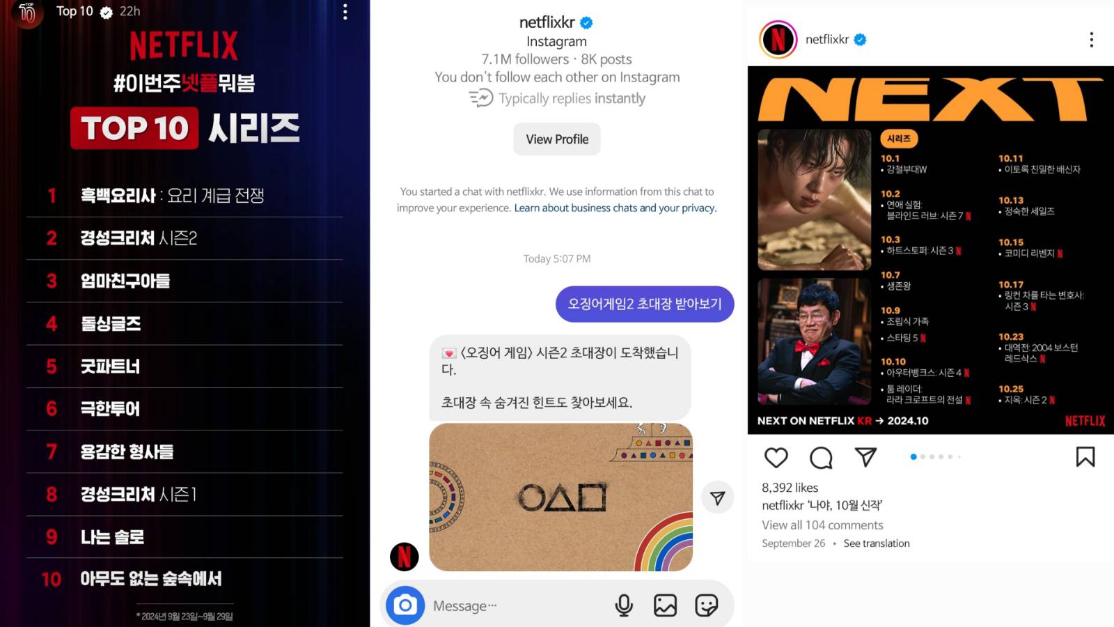 [출처: 넷플릭스 인스타그램 캡처] 넷플릭스 공식 인스타그램 스토리, 디엠, 게시물.