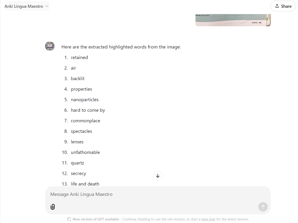 자료를 인식하는 Anki Lingua Maestro는 자동으로 노란 하이라이트된 단어를 추출합니다.