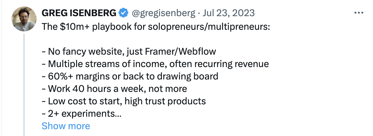 그렉 아이젠버그의 1인창업가를 위한 팁 : Greg Isenberg 트위터 참고
