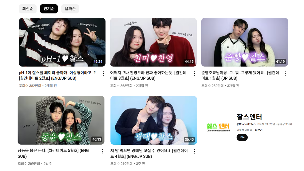 [출처: 찰스엔터 유튜브] 월간데이트 인기순.