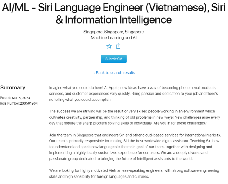 애플의 3/3 베트남어용 시리 개발 관련 개발자 모집 공지 일부.