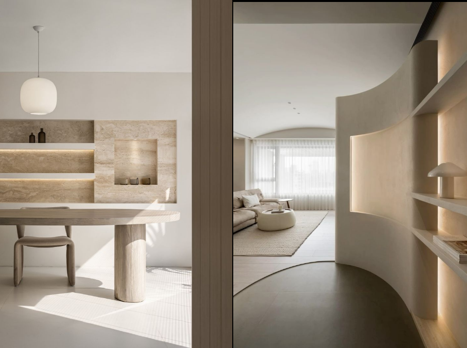 직선적인 정돈된 공간과, 곡선의 부드러운 공간